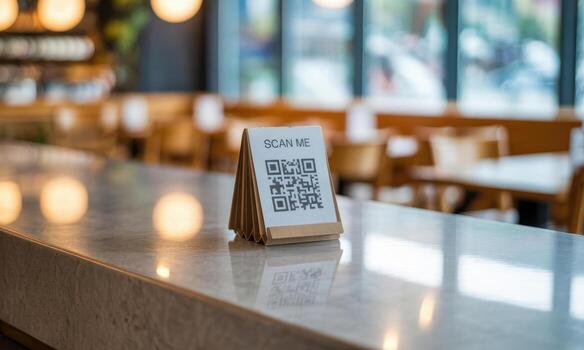 QR code scan me stand on a cafe counter for digital menu and contactless service photo