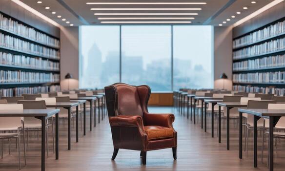 Empty modern library reading room with a classic leather armchair and rows of tables photo