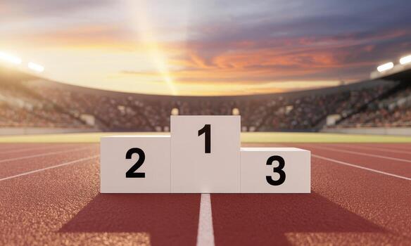 White winner podium with numbers 1 2 3 on a running track in a stadium at dramatic sunset photo