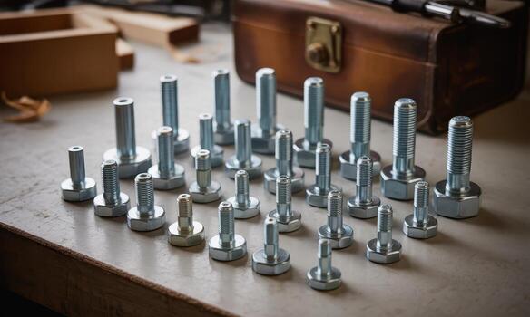 Assortment of new polished steel bolts and washers on a workbench with toolbox photo