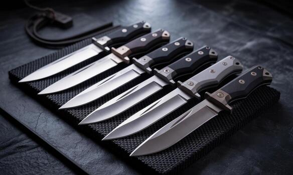 Collection of tactical combat knives with dark composite handles and sharp metallic blades photo