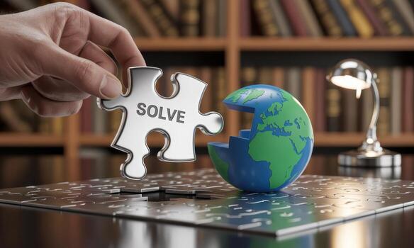 Strategic problem solving, hand connects SOLVE puzzle piece to an incomplete world globe photo