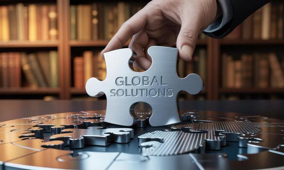 Businessman hand connecting a GLOBAL SOLUTIONS puzzle piece to an incomplete world map photo