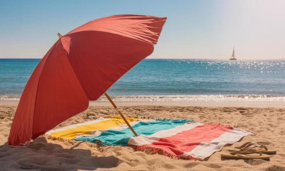 Vibrant red beach umbrella and colorful towel on a sunny sandy shore with ocean view photo