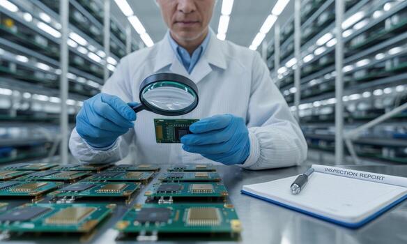 Quality control engineer examining electronic circuit board with magnifying glass in clean room photo
