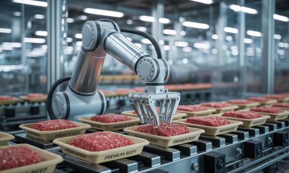 Automated robotic arm packaging premium ground beef on a conveyor belt in a modern food factory photo