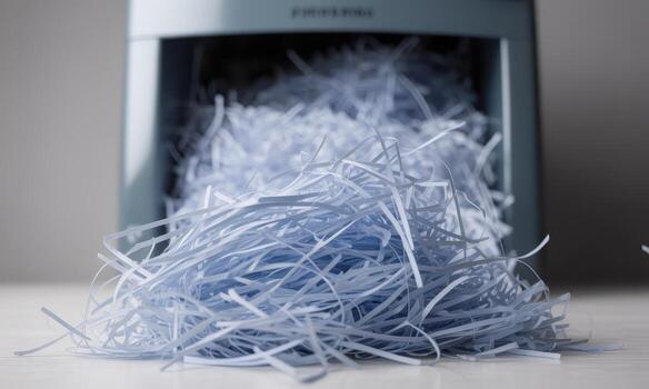 Light blue shredded paper pile with thin curled strips in front of a document shredder photo
