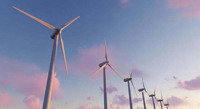 Wind power turbines generating clean renewable energy at sunset with colorful sky photo