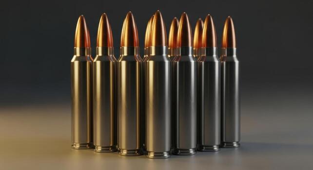 Close up view of multiple metallic rifle bullets standing upright on a dark surface photo