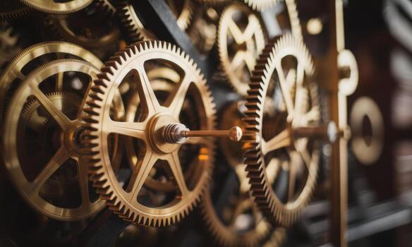 Close up of intricate vintage clock mechanism with golden brass gears and cogs photo