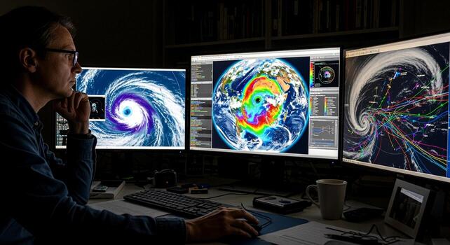 Scientist Analyzing Hurricane Data on Multiple Computer Screens. photo
