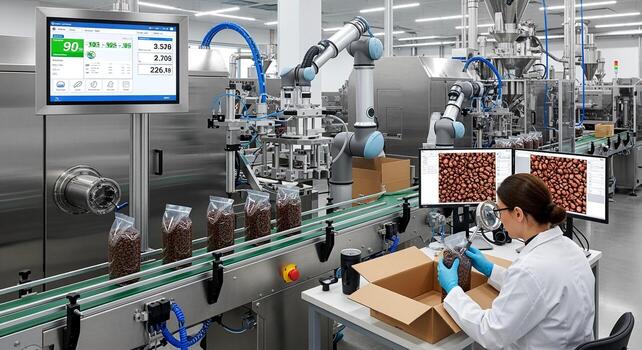 Automated production line with robotic arms and human quality control in a modern factory setting. photo