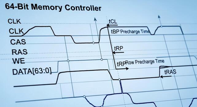 64-Bit Memory Controller Waveform Diagram - CLK, CAS, RAS, WE, and DATA Signals. photo