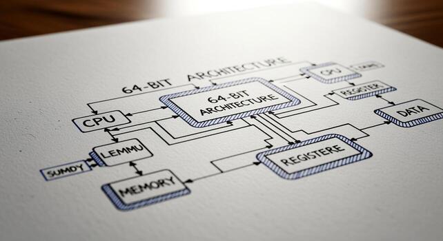 64-Bit Architecture Diagram Explaining CPU Memory Registers and Data Flow. photo