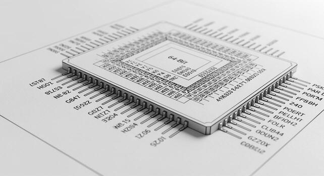 Black and white 3D render of a computer microchip on its technical pinout schematic diagram. photo