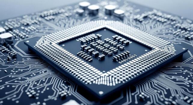 Close up of a computer microchip on a circuit board. photo