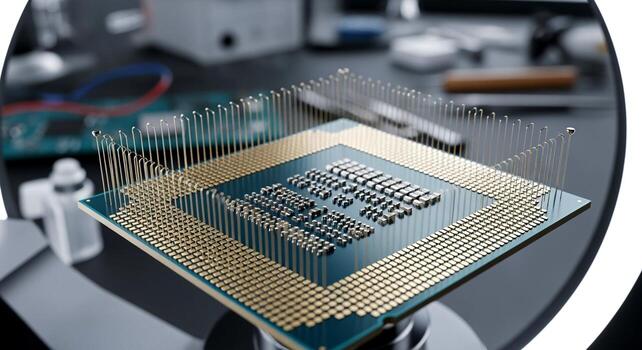 Close-up of a computer processor chip with pins, symbolizing advanced technology and computing power. photo