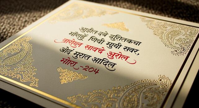 Close-up of a decorative box with intricate gold patterns and Marathi script, featuring elegant typography and a warm, inviting aesthetic. photo