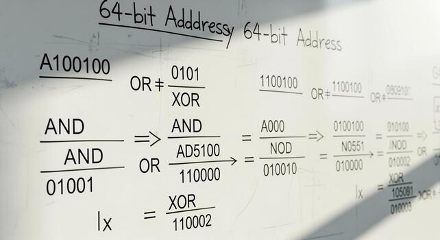 de cerca de un escrito página con binario código y lógico operaciones me gusta o, xor, y, y 64 bits direccionamiento. foto
