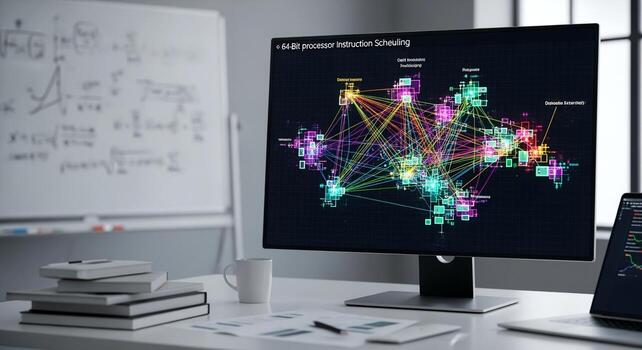 Computer Monitor Displaying a Complex Data Visualization Network Graph. photo