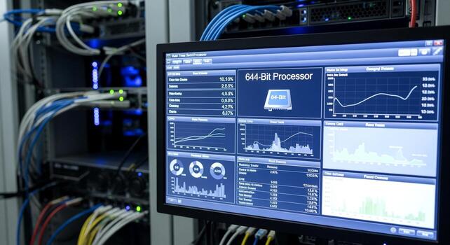 Data Center Monitoring Screen Showing Network Performance Analytics. photo