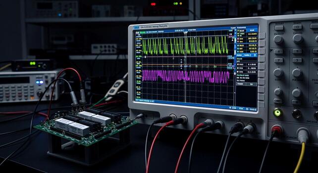 Digital Oscilloscope Analyzing Waveforms on a Computer Circuit Board. photo