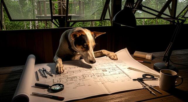 Dog Architect Studying Blueprint Plans. photo