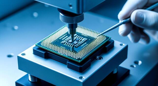Engineer working on a microchip with specialized tools in a high-tech laboratory setting. photo