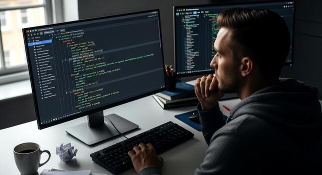 enfocado masculino programador concentrando en código en doble monitores foto