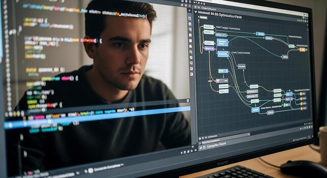 enfocado masculino programador codificación en un grande computadora pantalla. foto