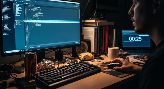 enfocado programador trabajando tarde noche en computadora con código en pantalla. foto