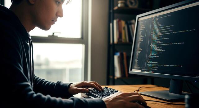 Focused young programmer in a hoodie coding on a desktop computer. photo