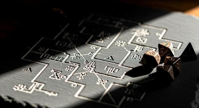 Geometric Pattern with Dice and Shadows on a Textured Surface. photo
