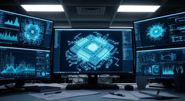 Futuristic control room with multiple screens displaying digital data and glowing CPU. photo