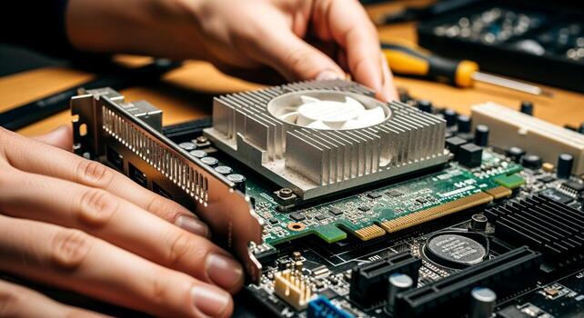 Hands assembling computer components, motherboard and CPU cooler. photo