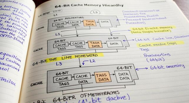 Handwritten notes on computer cache memory. photo
