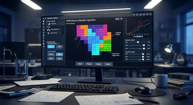 Modern computer screen displaying data analysis on a cluttered desk. photo