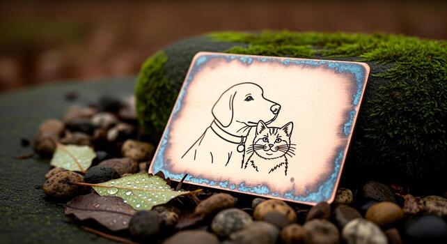 Rustic metal plaque featuring a line drawing of a dog and cat resting on natural stones. photo