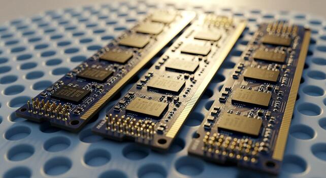 Three computer RAM memory modules on a textured surface. photo