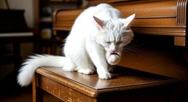 blanco gato aseo sí mismo en de madera superficie cerca piano. foto