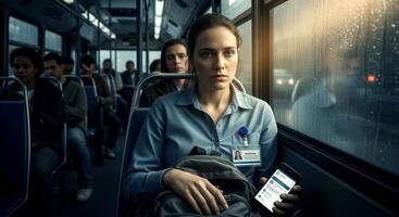 Woman on a city bus during evening commute. photo