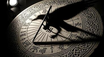 misterioso reloj de sol con un cuervo silueta, hora y sombra. foto
