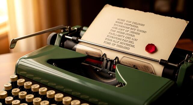 Vintage green typewriter with a poem on paper and a red wax seal. photo