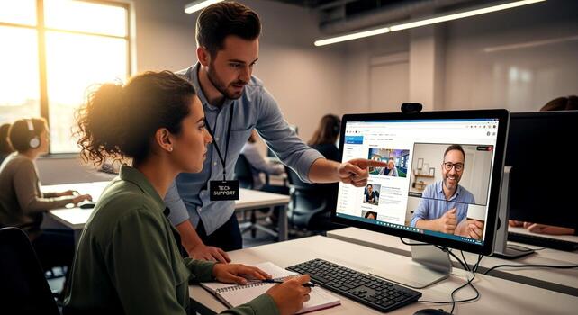 Two colleagues collaborating on a project using a computer. photo