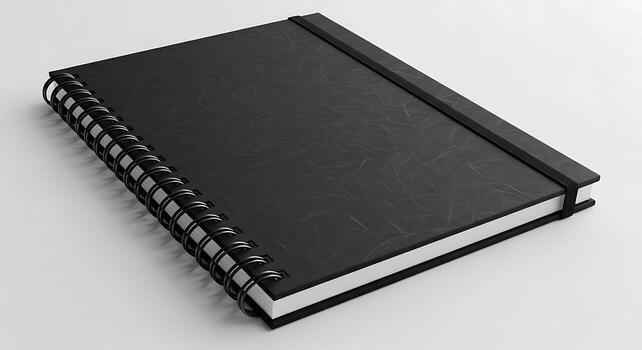 A close up of a black spiral notebook with an elastic strap on a white surface in grayscale view photo