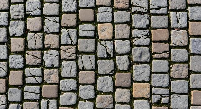 Overhead view of a stone pavement with cracks and moss between the stones in a square pattern photo
