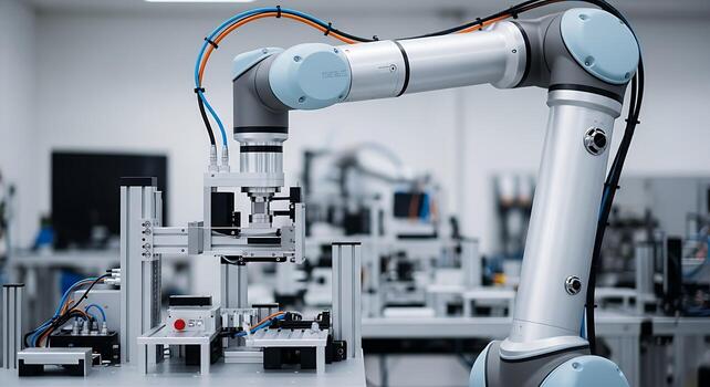 Robotic arm in a factory setting performing automated tasks with precision and efficiency in manufacturing photo