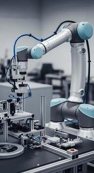 Robotic arm performing a task in an automated factory setting with precision and efficiency shown photo