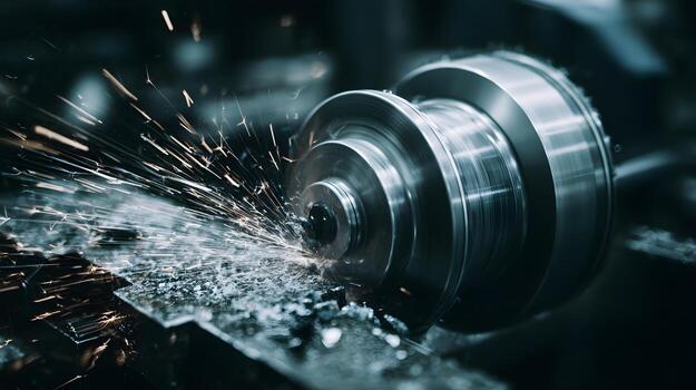 Close-up of a metal part being machined on a lathe, sparks flying. selective focus, Cool tones, sharp textures. Craftsmanship photo
