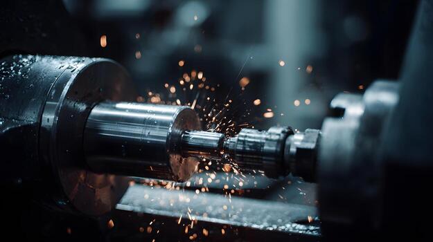 Close-up of a metal part machined on a lathe, sparks flying. selective focus, Cool tones, sharp textures. craftsmanship and industrial precision photo